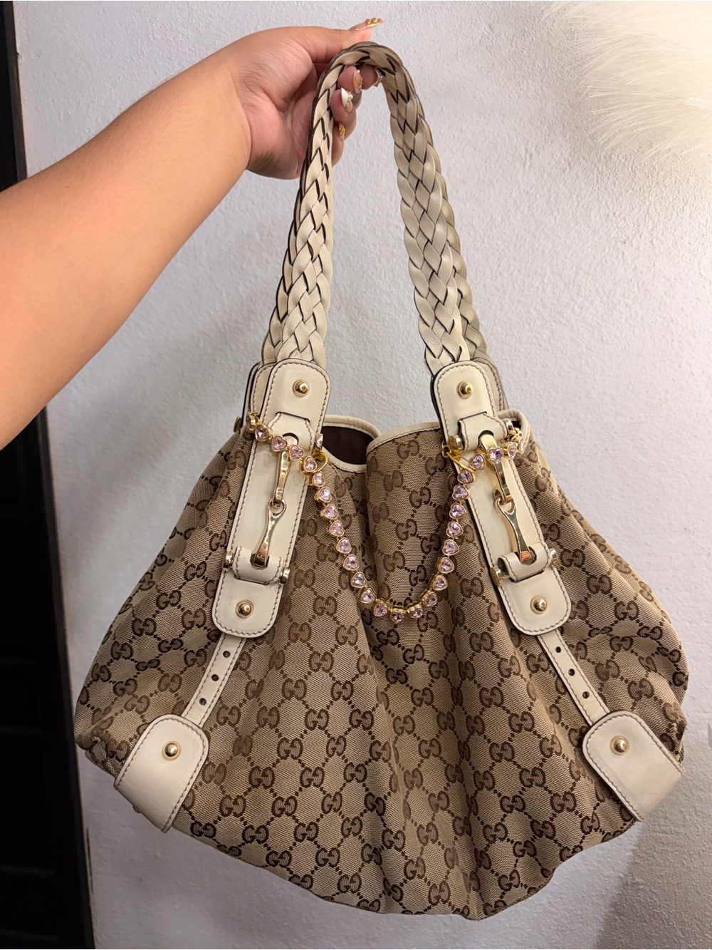 Gucci Beige GG Canvas Shoulder Satchel with Braided Straps